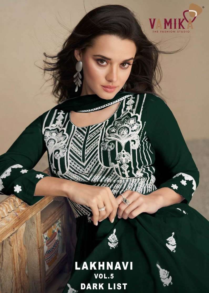 LAKHNAWI VOL 5 DARK LIST HEAVY REYON LAKHNAWI WORK KURTI WITH PLAZZO AND NAZMIN DUPATTA BY VAMIKA BRAND POSTER